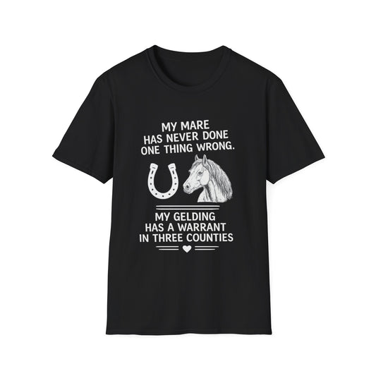WeBeHorseGirls My Mare Has Never Done One Thing Wrong. My Gelding Has a Warrant in Three Counties T-Shirt