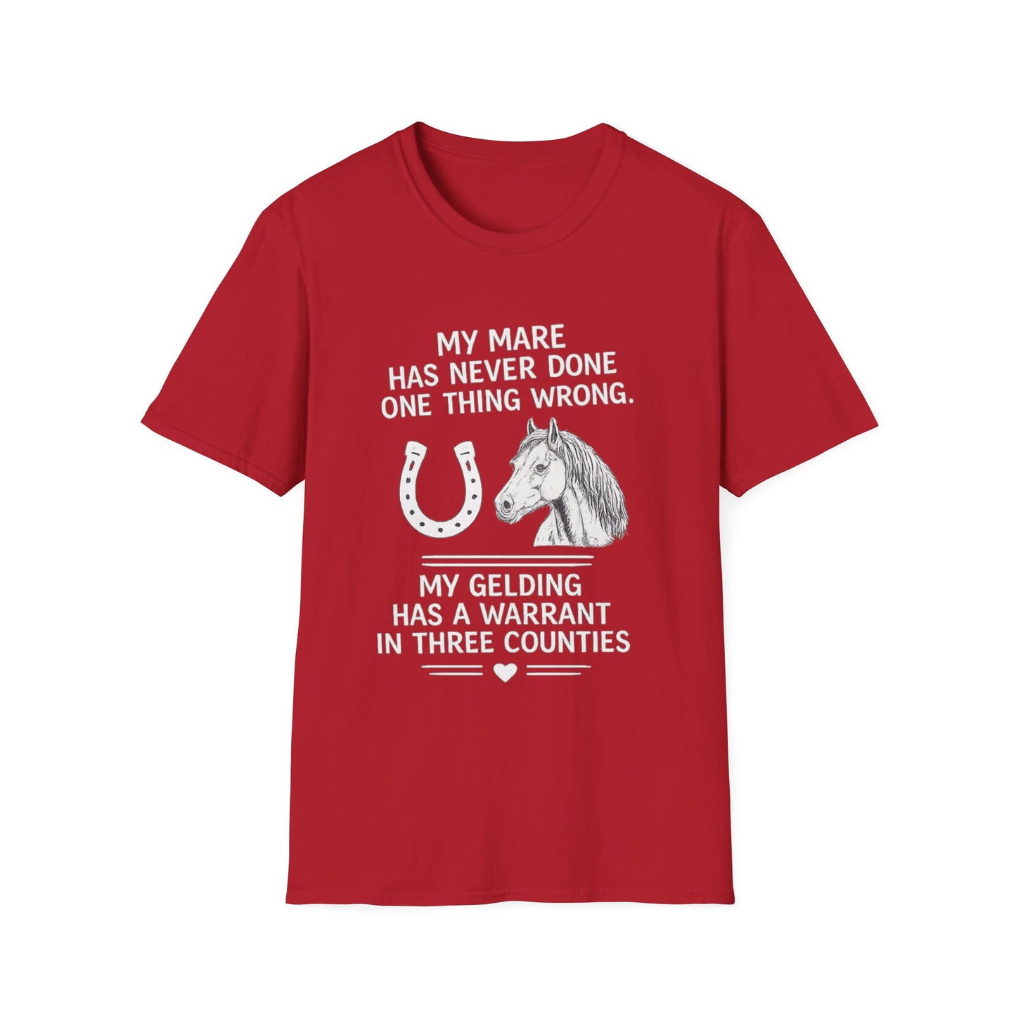 WeBeHorseGirls My Mare Has Never Done One Thing Wrong. My Gelding Has a Warrant in Three Counties T-Shirt