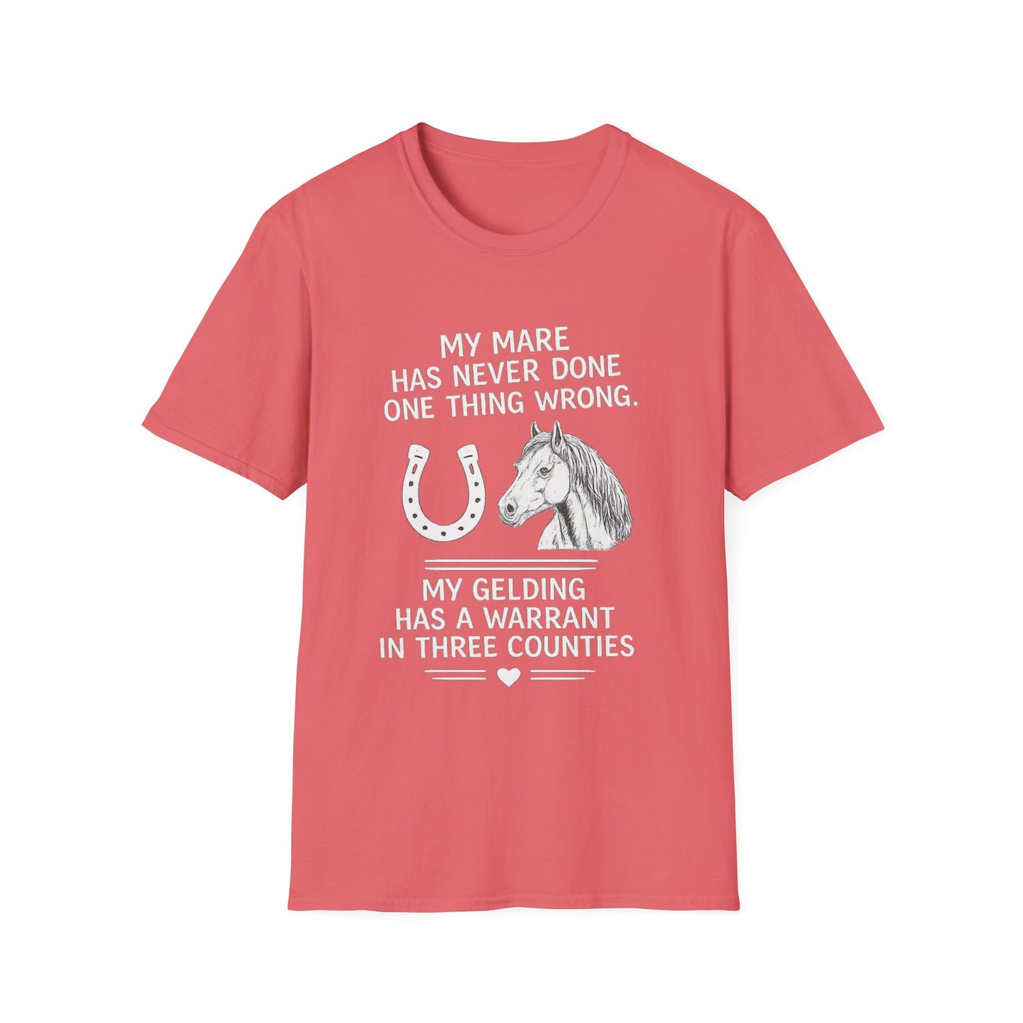 WeBeHorseGirls My Mare Has Never Done One Thing Wrong. My Gelding Has a Warrant in Three Counties T-Shirt