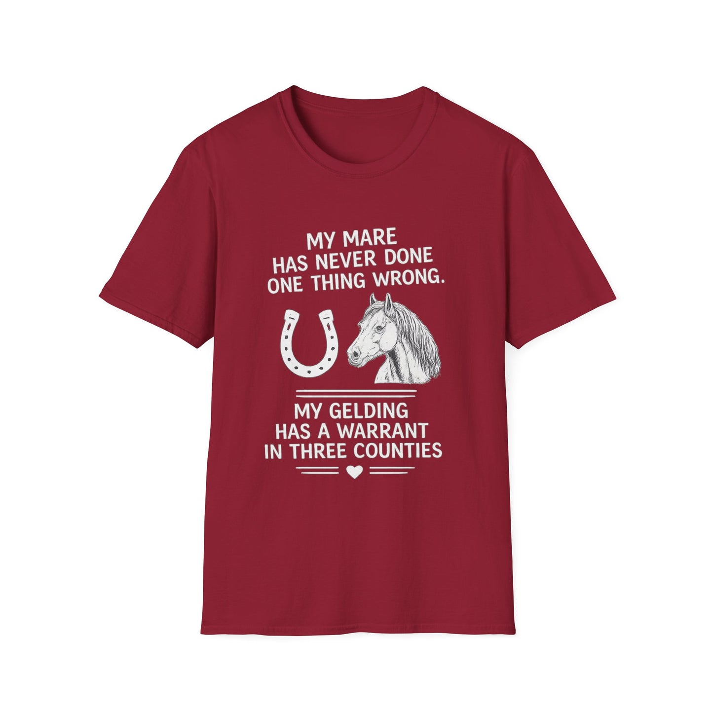 WeBeHorseGirls My Mare Has Never Done One Thing Wrong. My Gelding Has a Warrant in Three Counties T-Shirt