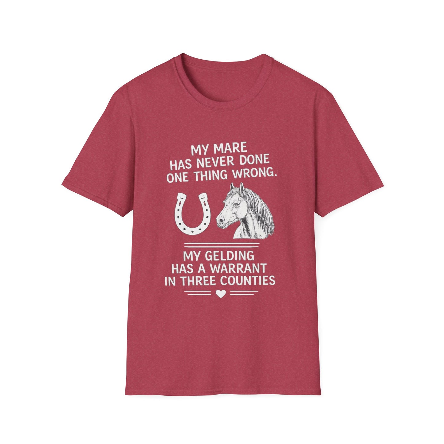 WeBeHorseGirls My Mare Has Never Done One Thing Wrong. My Gelding Has a Warrant in Three Counties T-Shirt