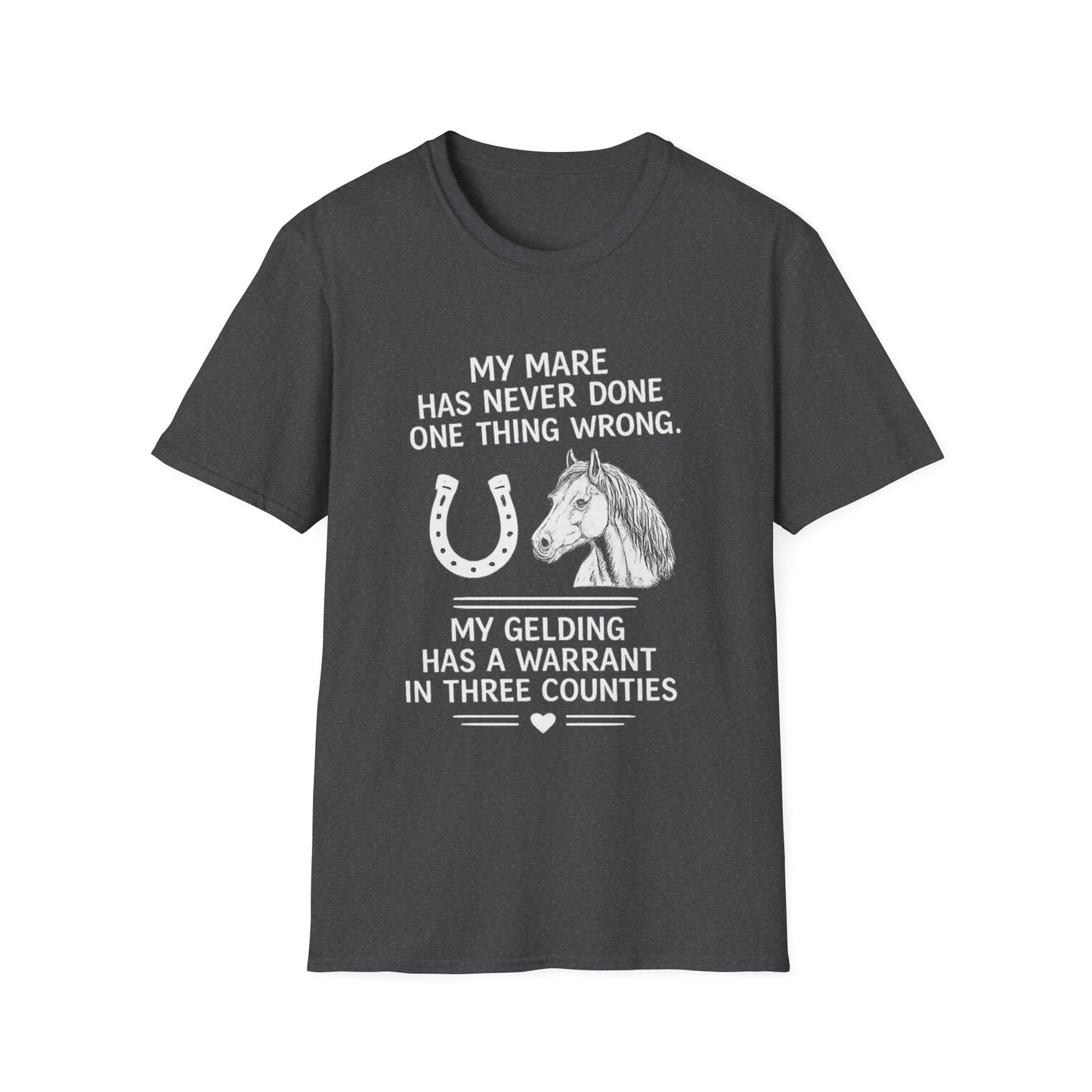 WeBeHorseGirls My Mare Has Never Done One Thing Wrong. My Gelding Has a Warrant in Three Counties T-Shirt